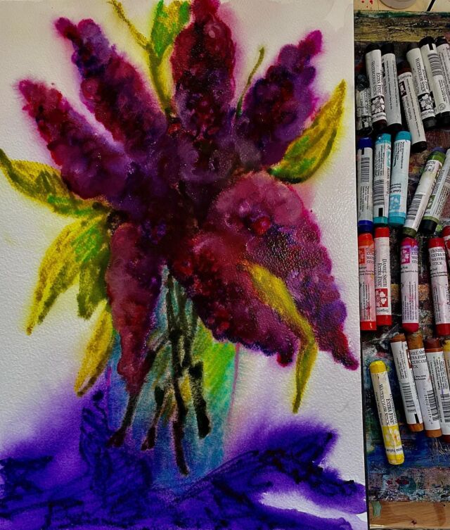 Playing around with super wet into wet juicy watercolour sticks from Daniel Smith- so fun to have a play ! ##funstuff #playtime #haveago #watercolor #watercolours #juicy #colourpop #color #interiors #flow #floral #lilacs #smellsgood #explore #trysomethingnew #fun #tryit #spring